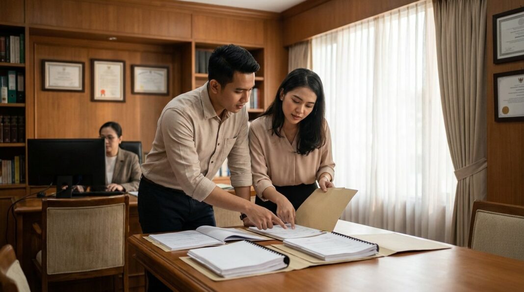 Pasangan Indonesia meninjau dokumen properti di kantor notaris — panduan biaya tambahan beli rumah termasuk BPHTB, AJB, dan KPR — Panduanproperti.id