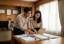 Biaya Tambahan Beli Rumah: BPHTB, AJB, Notaris, dan Provisi KPR 2026 Pasangan Indonesia meninjau dokumen properti di kantor notaris — panduan biaya tambahan beli rumah termasuk BPHTB, AJB, dan KPR — Panduanproperti.id