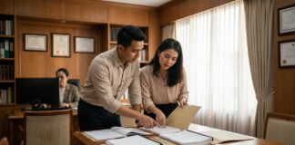 Biaya Tambahan Beli Rumah: BPHTB, AJB, Notaris, dan Provisi KPR 2026 Pasangan Indonesia meninjau dokumen properti di kantor notaris — panduan biaya tambahan beli rumah termasuk BPHTB, AJB, dan KPR — Panduanproperti.id
