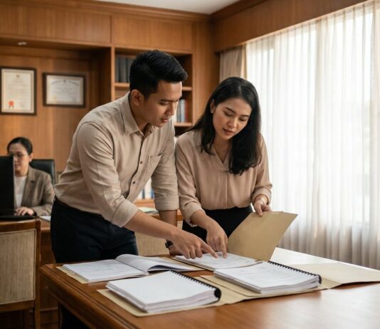 Biaya Tambahan Beli Rumah: BPHTB, AJB, Notaris, dan Provisi KPR 2026 Pasangan Indonesia meninjau dokumen properti di kantor notaris — panduan biaya tambahan beli rumah termasuk BPHTB, AJB, dan KPR — Panduanproperti.id