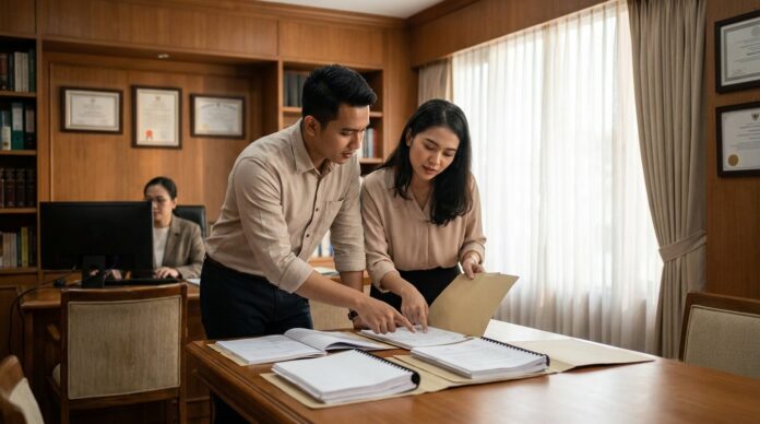 Pasangan Indonesia meninjau dokumen properti di kantor notaris — panduan biaya tambahan beli rumah termasuk BPHTB, AJB, dan KPR — Panduanproperti.id