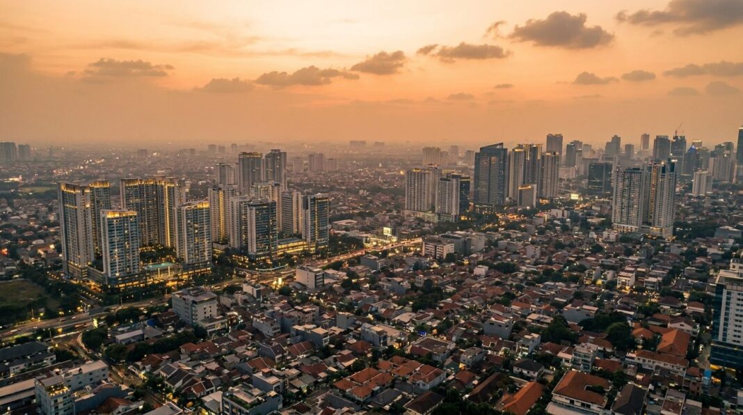 Skyline Jakarta dari udara menggambarkan tren harga properti yang terus naik secara struktural — analisis Panduanproperti.id