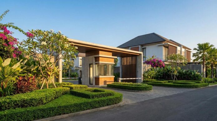 Gerbang masuk cluster perumahan modern Indonesia dengan taman terawat dan pos keamanan — panduan IPL iuran pengelolaan lingkungan — Panduanproperti.id