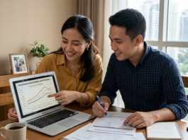 Beli Rumah 2026: Sekarang, atau Tunggu Suku Bunga Turun? Pasangan muda Indonesia mendiskusikan keputusan KPR di meja dengan kalkulator dan dokumen properti — analisis beli rumah 2026 Panduanproperti.id