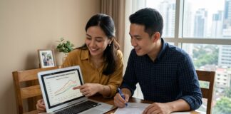 Beli Rumah 2026: Sekarang, atau Tunggu Suku Bunga Turun? Pasangan muda Indonesia mendiskusikan keputusan KPR di meja dengan kalkulator dan dokumen properti — analisis beli rumah 2026 Panduanproperti.id