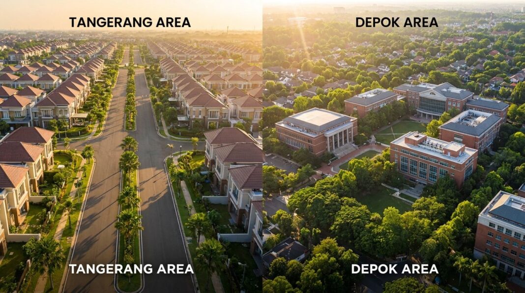 Perbandingan properti Tangerang vs Depok 2026 — harga per kawasan, akses KRL dan tol, fasilitas, dan profil investasi — Panduanproperti.id