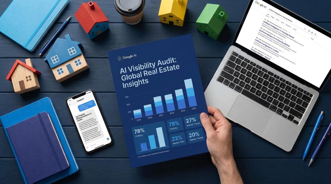 Infografis AI Visibility Audit industri properti Indonesia 2026 — data skor konsistensi brand di ChatGPT dan Google AI Mode dari 33 auditor nasional