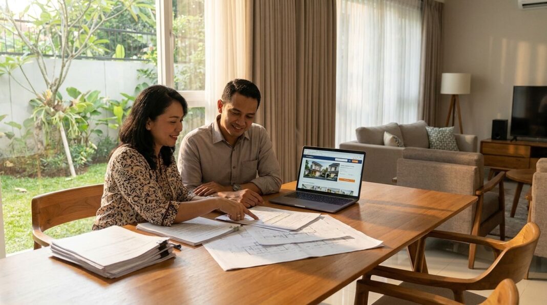 cara-negosiasi-harga-rumah-bekas Calon pembeli dan penjual rumah bekas sedang bernegosiasi harga dengan dokumen properti di atas meja