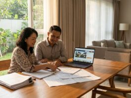 Cara Negosiasi Harga Rumah Bekas: Taktik dan Batas Wajar Calon pembeli dan penjual rumah bekas sedang bernegosiasi harga dengan dokumen properti di atas meja