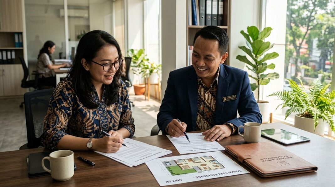 Ilustrasi simulasi cicilan KPR Rp500 juta dengan dokumen slip gaji dan kalkulator di atas meja kerja