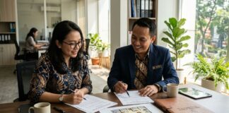 Berapa Gaji Minimal untuk KPR Rp500 Juta di 2026? Ilustrasi simulasi cicilan KPR Rp500 juta dengan dokumen slip gaji dan kalkulator di atas meja kerja