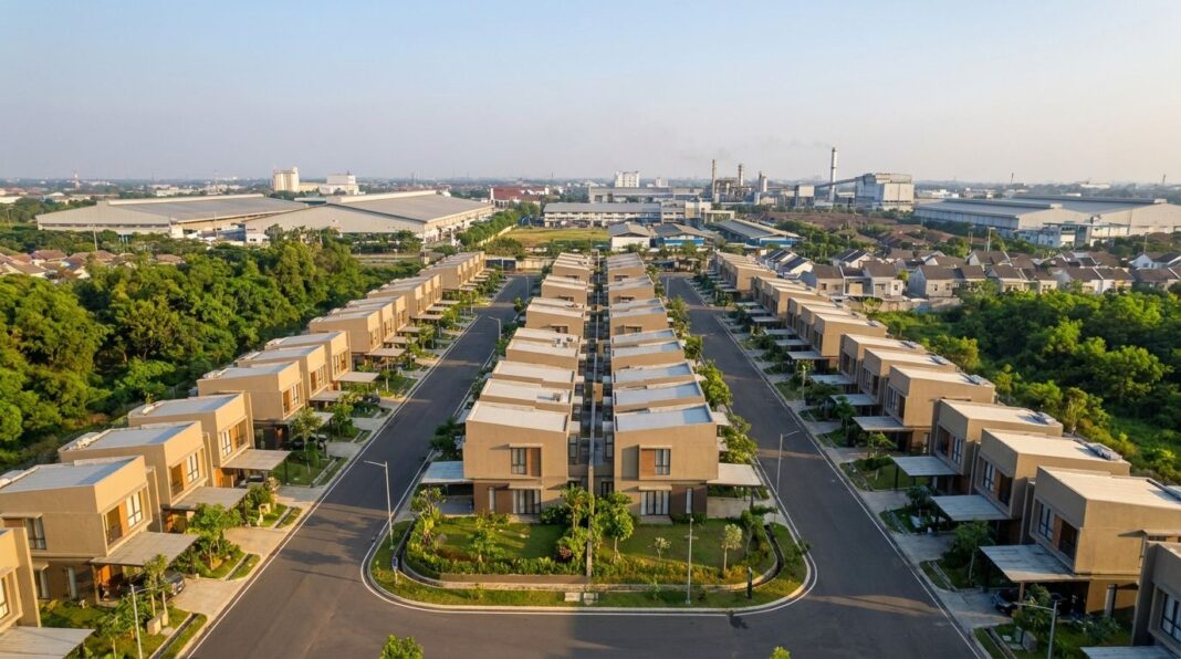 harga-rumah-cikarang-2026-data-kawasan Kawasan perumahan cluster modern di Cikarang Bekasi dengan latar belakang kawasan industri 2026
