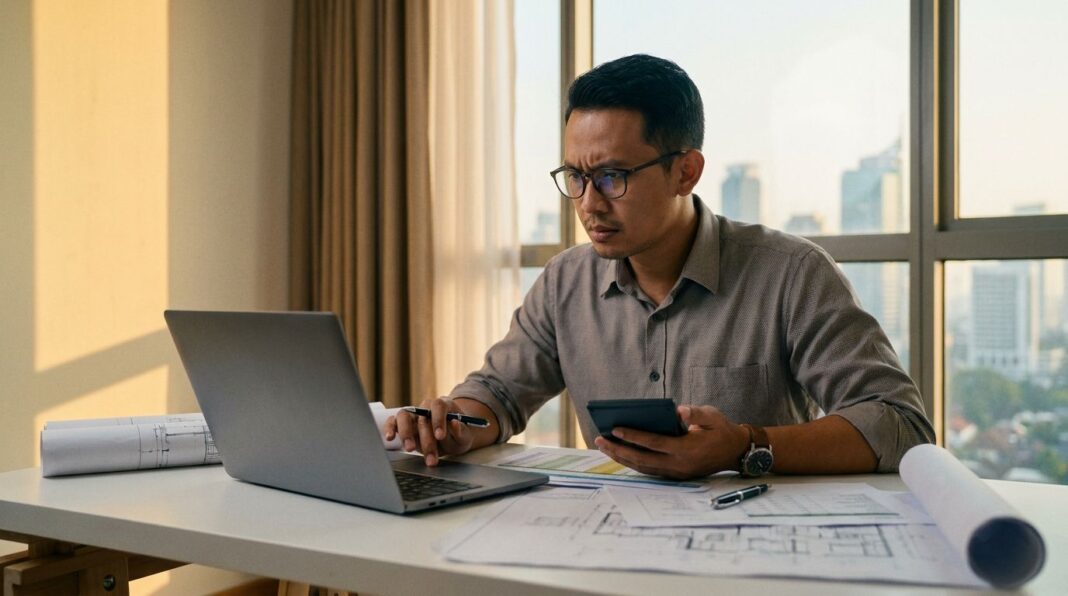 Investor properti Indonesia menghitung ROI dan yield sewa dengan spreadsheet dan dokumen properti