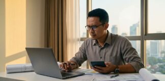 Menghitung ROI Properti Sewa: Formula dan Contoh Nyata Investor properti Indonesia menghitung ROI dan yield sewa dengan spreadsheet dan dokumen properti
