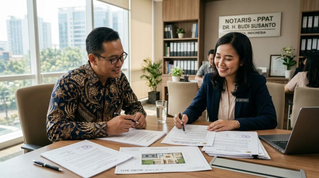 Proses penandatanganan dokumen PPJB dan AJB di kantor notaris dalam transaksi jual beli properti Indonesia