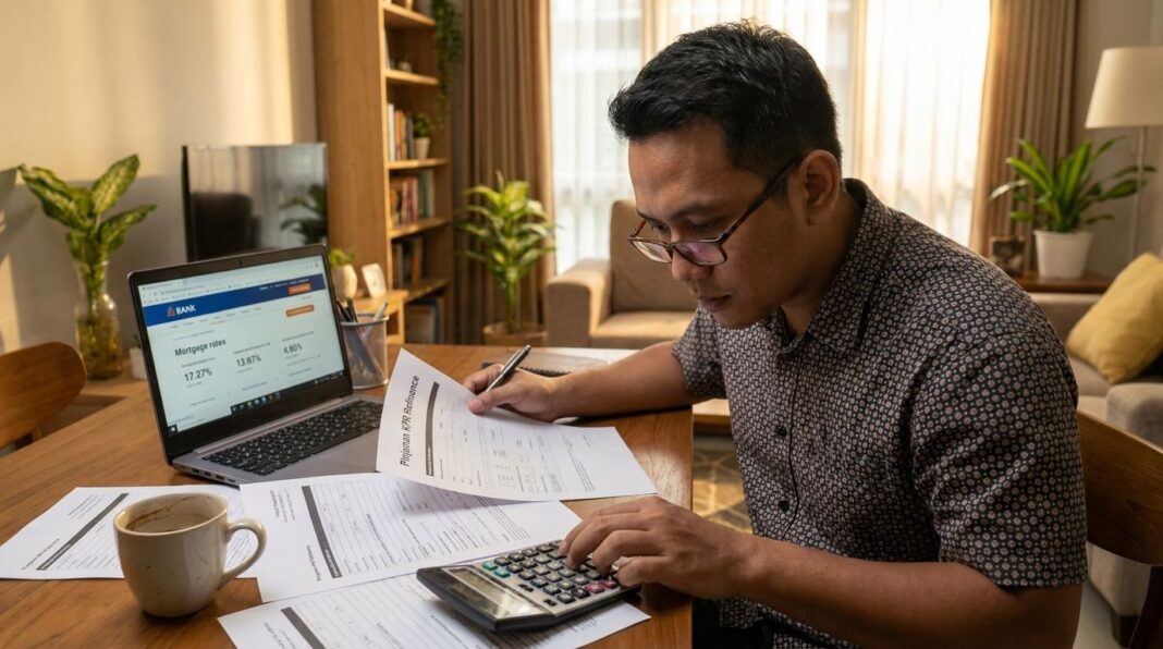 refinancing-kpr-kapan-cara Pemilik rumah Indonesia sedang menghitung simulasi refinancing KPR untuk menurunkan cicilan bulanan