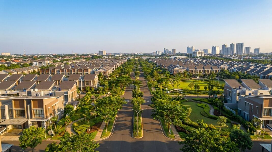 serpong-utara-harga-rumah-investasi-2026 Cluster perumahan modern di kawasan Serpong Utara Tangerang Selatan dengan akses jalan lebar dan fasilitas lengkap