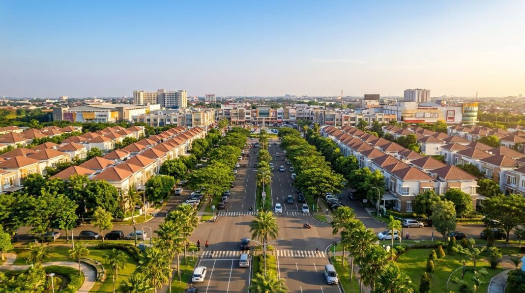 Kawasan Kota Harapan Indah Bekasi Barat dengan jalan lebar, perumahan modern, dan fasilitas lengkap
