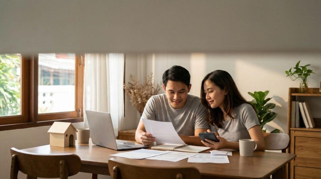 Pasangan menghitung cara hitung kemampuan beli rumah dari gaji dengan kalkulator dan laptop