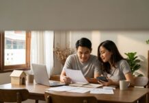 Cara Hitung Kemampuan Beli Rumah dari Gaji (2026) Pasangan menghitung cara hitung kemampuan beli rumah dari gaji dengan kalkulator dan laptop