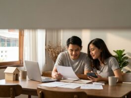 Cara Hitung Kemampuan Beli Rumah dari Gaji (2026) Pasangan menghitung cara hitung kemampuan beli rumah dari gaji dengan kalkulator dan laptop