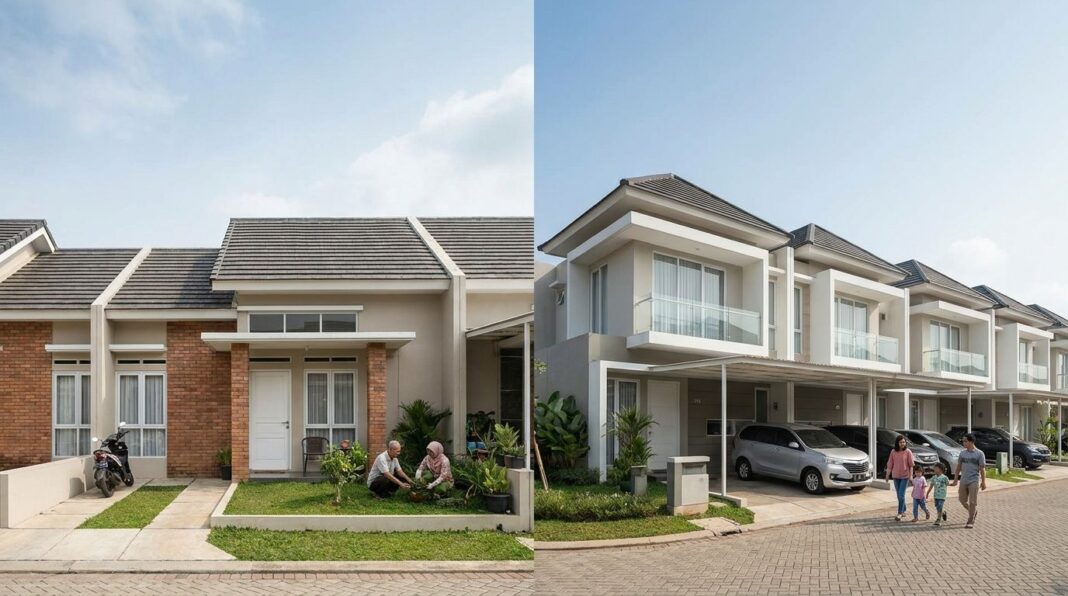 Perbandingan rumah subsidi vs rumah komersial — rumah sederhana dan rumah cluster dua lantai