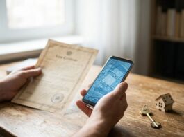 Sengketa Tanah: Jenis, Cara Cek, dan Perlindungan Pembeli Ilustrasi cara cek sengketa tanah — membandingkan sertifikat dengan peta bidang tanah digital di smartphone