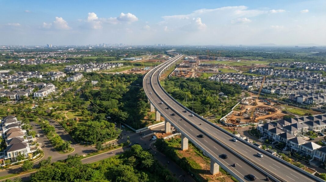 Jalan Tol Serpong Balaraja Serbaraja dengan kawasan Legok Tangerang dan perumahan berkembang di sekitarnya