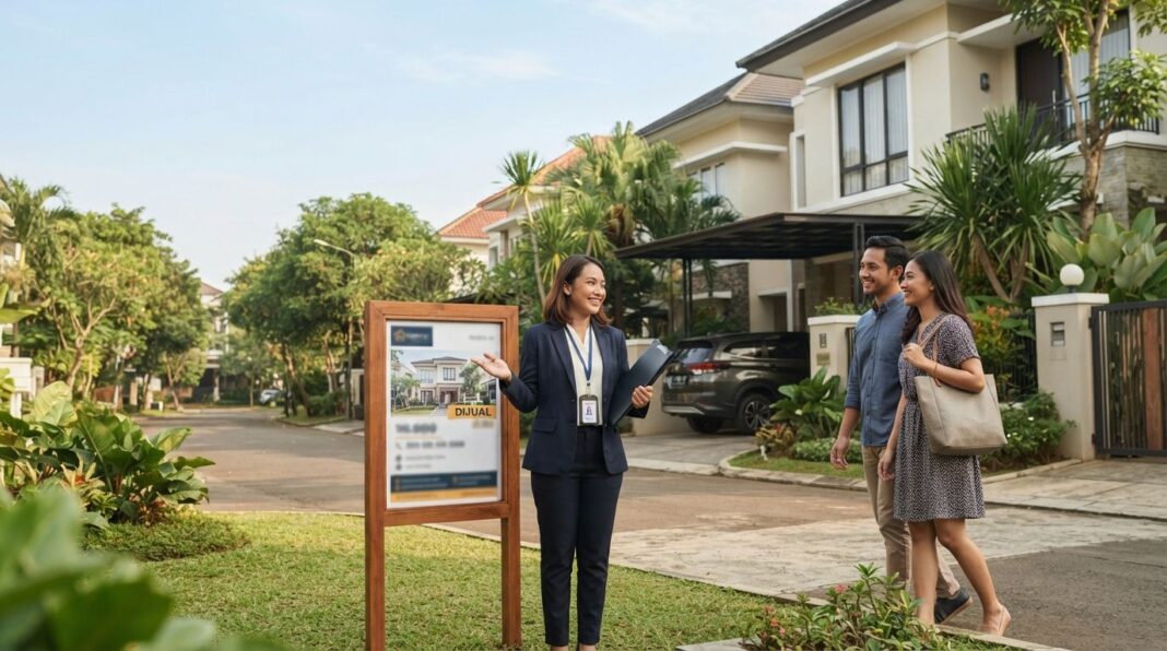 agen-properti-bersertifikat Agen properti bersertifikat mendampingi calon pembeli di depan rumah dengan membawa dokumen dan tanda pengenal resmi