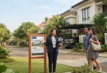 Agen Properti Bersertifikat vs Freelance: Apa Bedanya? Agen properti bersertifikat mendampingi calon pembeli di depan rumah dengan membawa dokumen dan tanda pengenal resmi