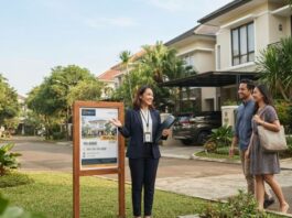 Agen Properti Bersertifikat vs Freelance: Apa Bedanya? Agen properti bersertifikat mendampingi calon pembeli di depan rumah dengan membawa dokumen dan tanda pengenal resmi