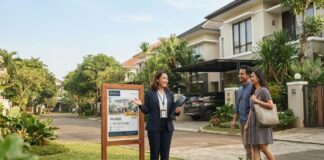 Agen Properti Bersertifikat vs Freelance: Apa Bedanya? Agen properti bersertifikat mendampingi calon pembeli di depan rumah dengan membawa dokumen dan tanda pengenal resmi
