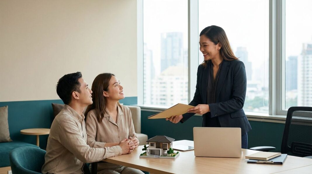 Agen properti terpercaya di Indonesia sedang menyerahkan dokumen transaksi rumah kepada pasangan pembeli di kantor