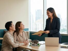 10 Agen Properti Terpercaya di Indonesia (Panduan 2026) Agen properti terpercaya di Indonesia sedang menyerahkan dokumen transaksi rumah kepada pasangan pembeli di kantor
