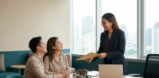 10 Agen Properti Terpercaya di Indonesia (Panduan 2026) Agen properti terpercaya di Indonesia sedang menyerahkan dokumen transaksi rumah kepada pasangan pembeli di kantor