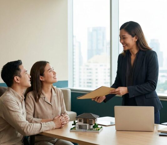 10 Agen Properti Terpercaya di Indonesia (Panduan 2026) Agen properti terpercaya di Indonesia sedang menyerahkan dokumen transaksi rumah kepada pasangan pembeli di kantor