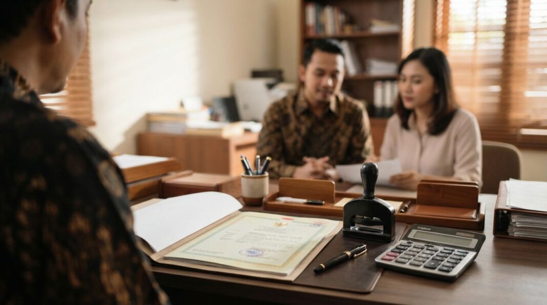 Proses balik nama sertifikat rumah di meja PPAT dengan dokumen sertifikat tanah, kalkulator, dan stempel resmi