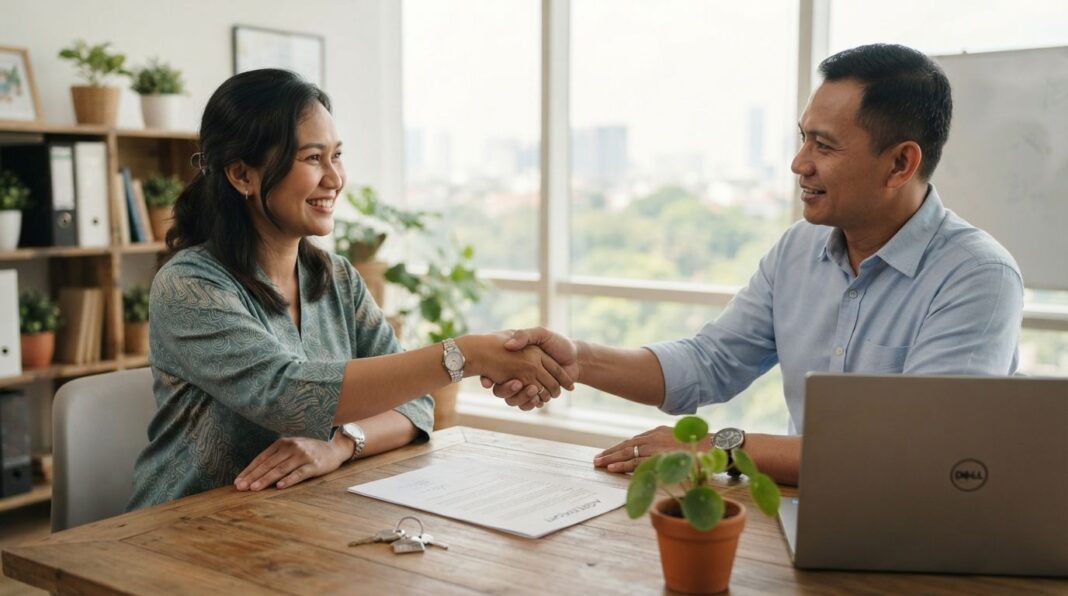 komisi-agen-properti Ilustrasi kesepakatan komisi agen properti antara penjual dan agen saat transaksi jual beli rumah di Indonesia