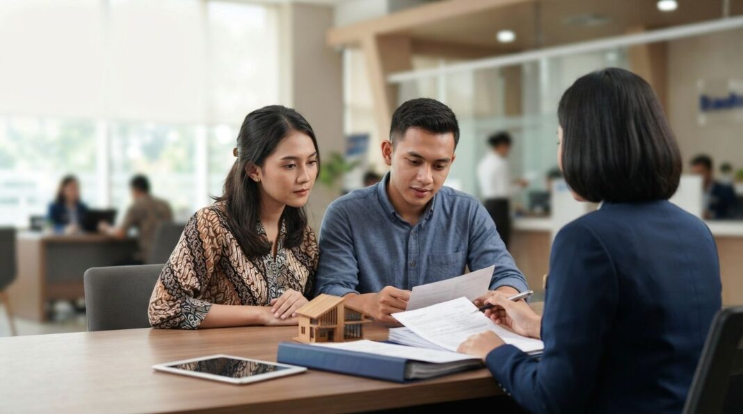 kpr-ditolak-penyebab Pasangan berkonsultasi dengan petugas bank membahas pengajuan KPR ditolak dan penyebabnya seperti riwayat SLIK OJK serta hasil appraisal