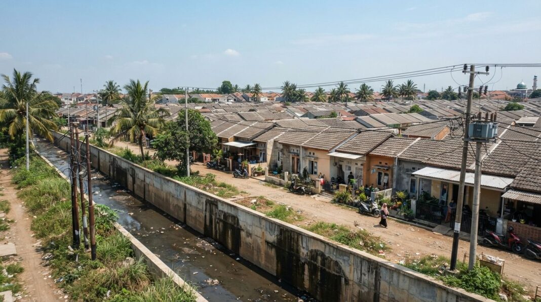 properti-periuk-cibodas Properti Periuk dan Cibodas Kota Tangerang dengan perumahan massal dan saluran air yang menunjukkan bekas ketinggian banjir