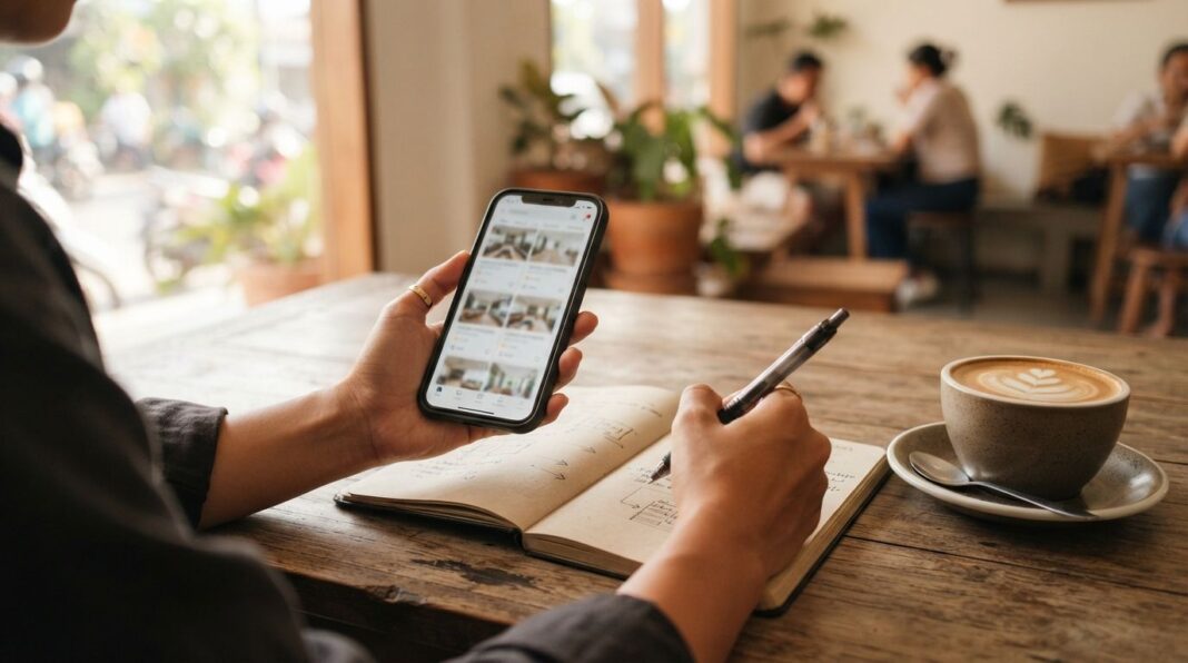 situs-cari-rumah-akurat Mencari rumah lewat situs cari rumah di ponsel sambil mencatat perbandingan listing portal properti Indonesia