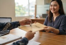 Take Over KPR 2026: Prosedur, Biaya, dan Risikonya Proses take over KPR di bank dengan penyerahan dokumen dan kunci rumah antara debitur lama dan debitur baru