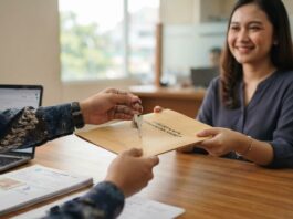 Take Over KPR 2026: Prosedur, Biaya, dan Risikonya Proses take over KPR di bank dengan penyerahan dokumen dan kunci rumah antara debitur lama dan debitur baru