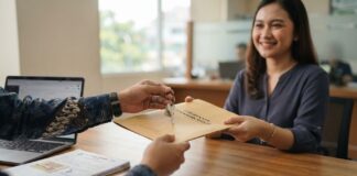 Take Over KPR 2026: Prosedur, Biaya, dan Risikonya Proses take over KPR di bank dengan penyerahan dokumen dan kunci rumah antara debitur lama dan debitur baru